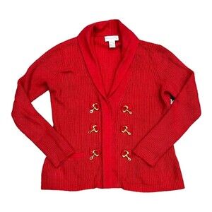 Soft Surroundings Red Shawl Collar Gold Clasp Cardigan Sweater L